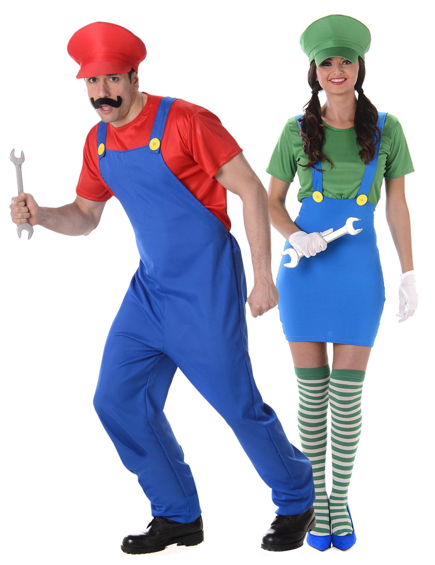 Costum de cuplu instalator verde și roșu pentru adulți