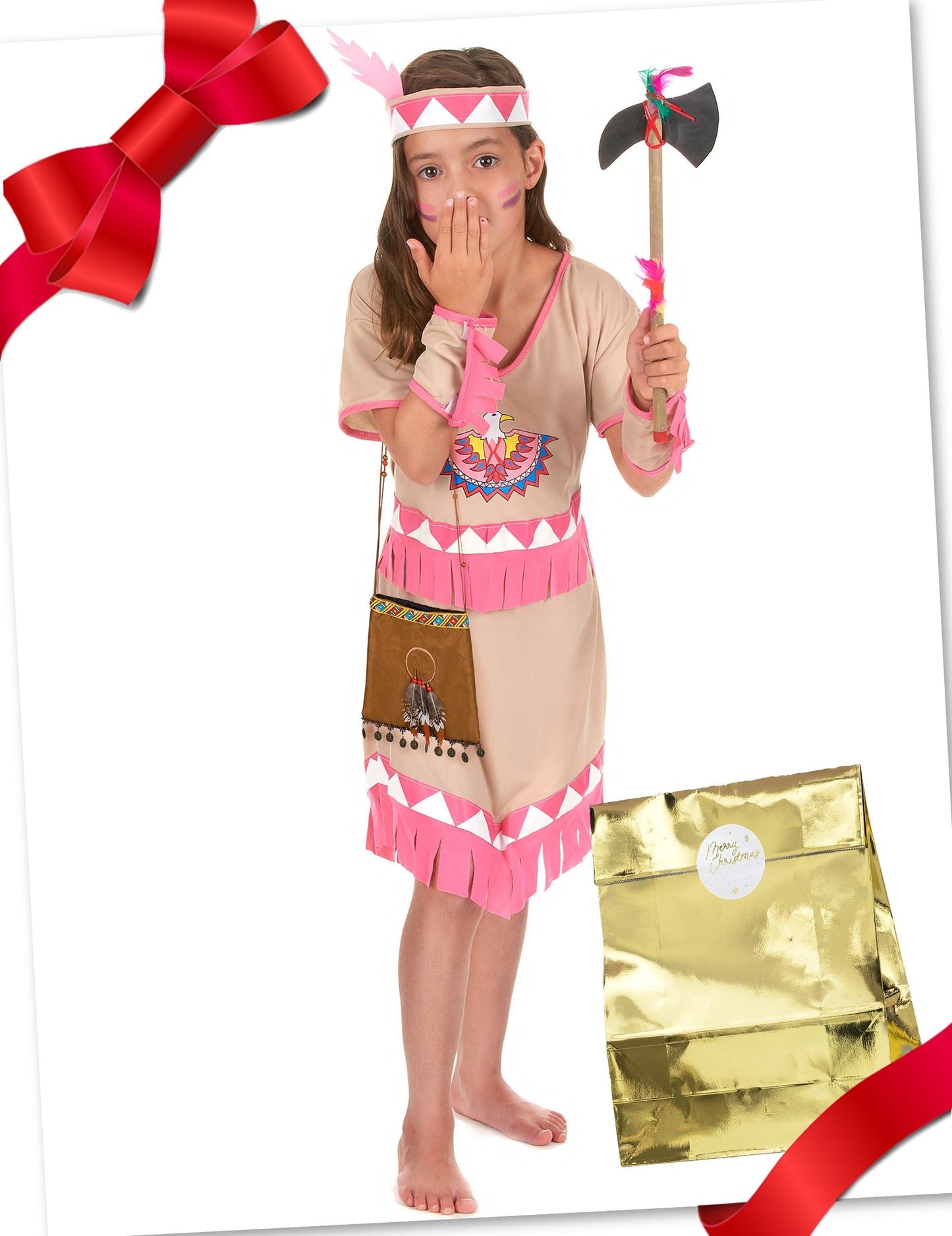 Set cadou costum de indiană roz cu accesorii pentru fată