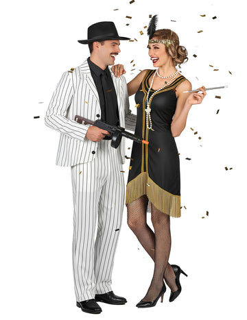 Costum de cuplu gangster pentru adult: Charleston alb, negru și auriu