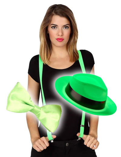 Kit accesorii bretele, pălărie și papion verde fluo pentru adult