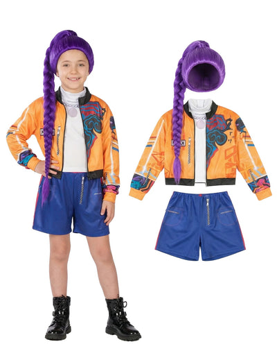 Costum complet vânătoare de demoni cu împletitură violet pentru copii