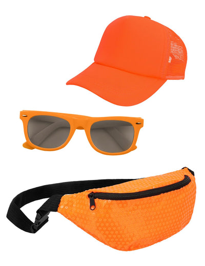Kit de accesorii: șapcă, borsetă și ochelari portocalii fosforescenți pentru adulți
