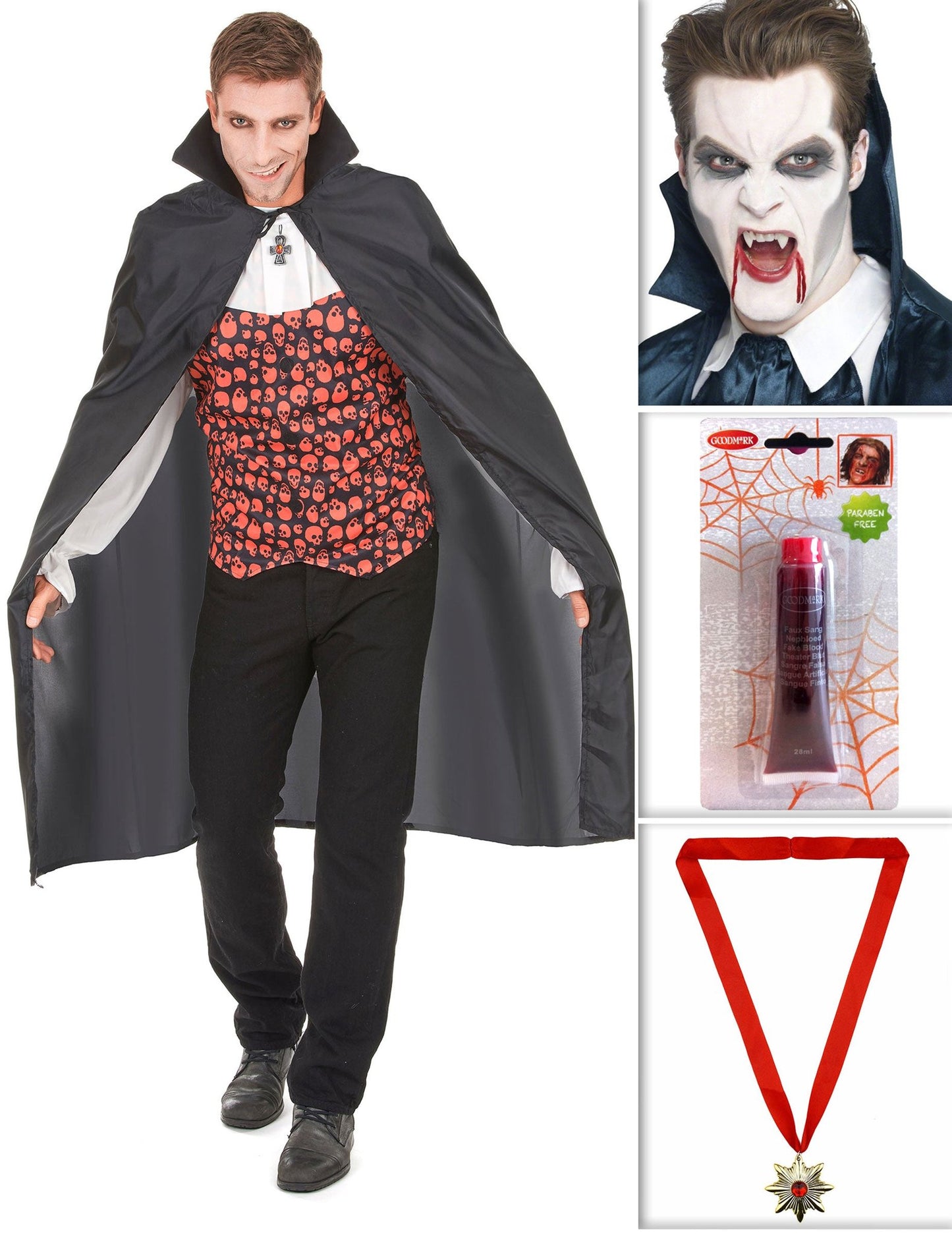 Pachet de vampir cu pelerină, colți, sânge fals și medalion de Halloween