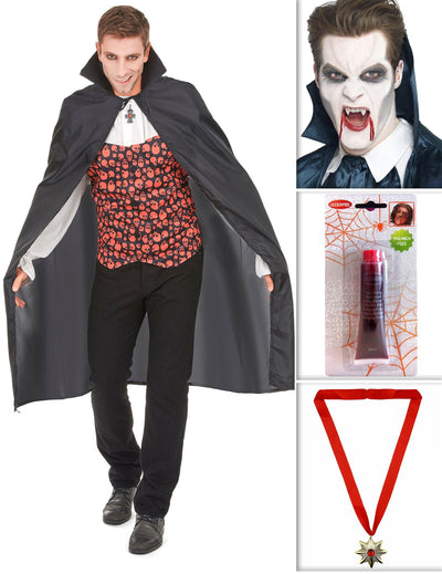 Pachet de vampir cu pelerină, colți, sânge fals și medalion de Halloween