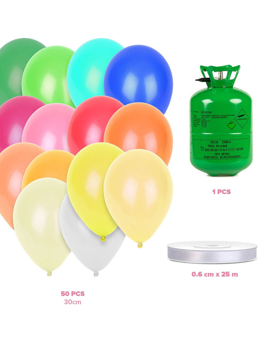 Kit de butelie cu heliu cu 50 de baloane multicolore și panglică
