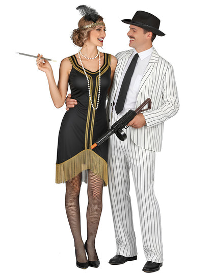 Costum de cuplu gangster pentru adult: Charleston alb, negru și auriu