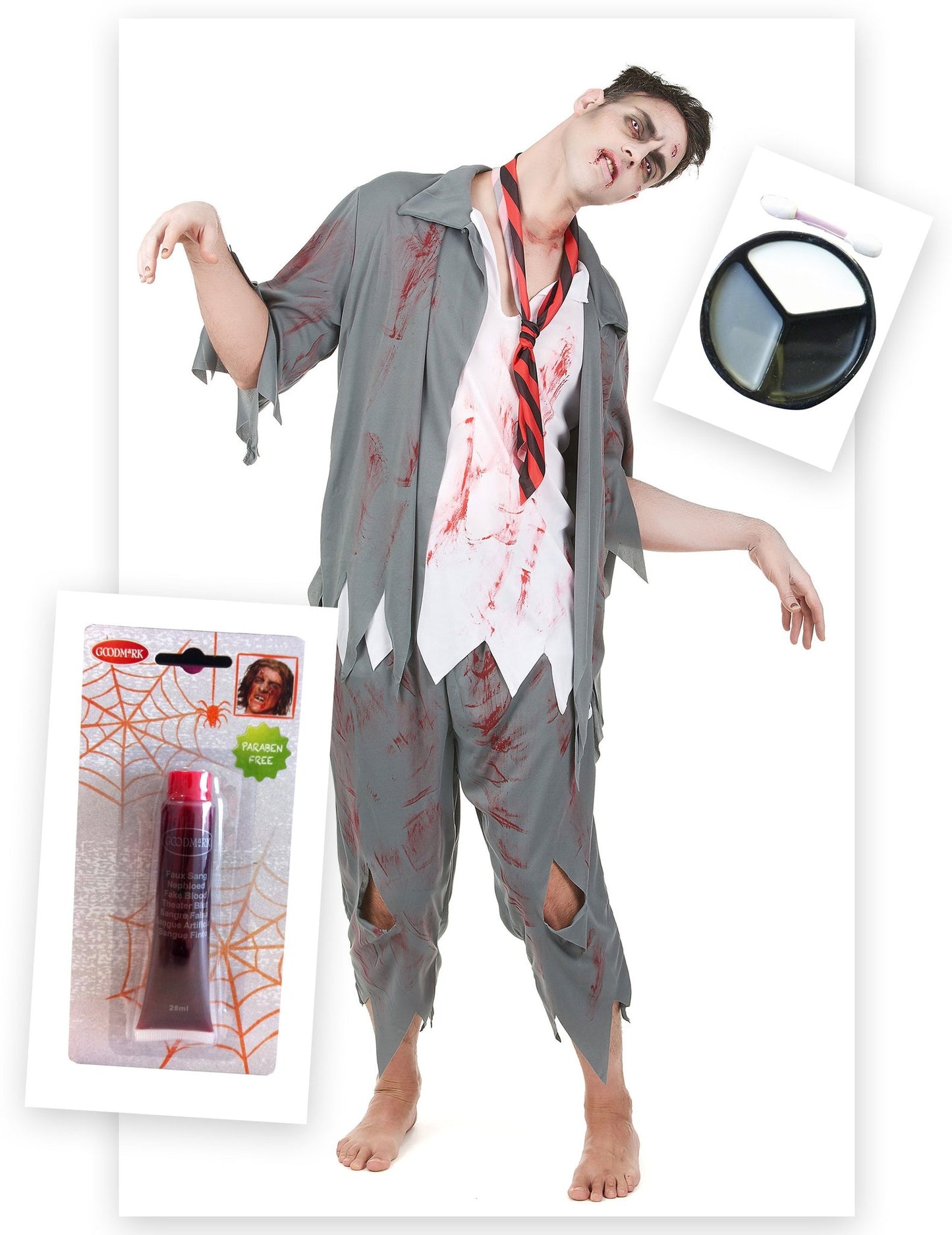 Pachet costum zombie pentru bărbați cu sânge fals și machiaj de Halloween
