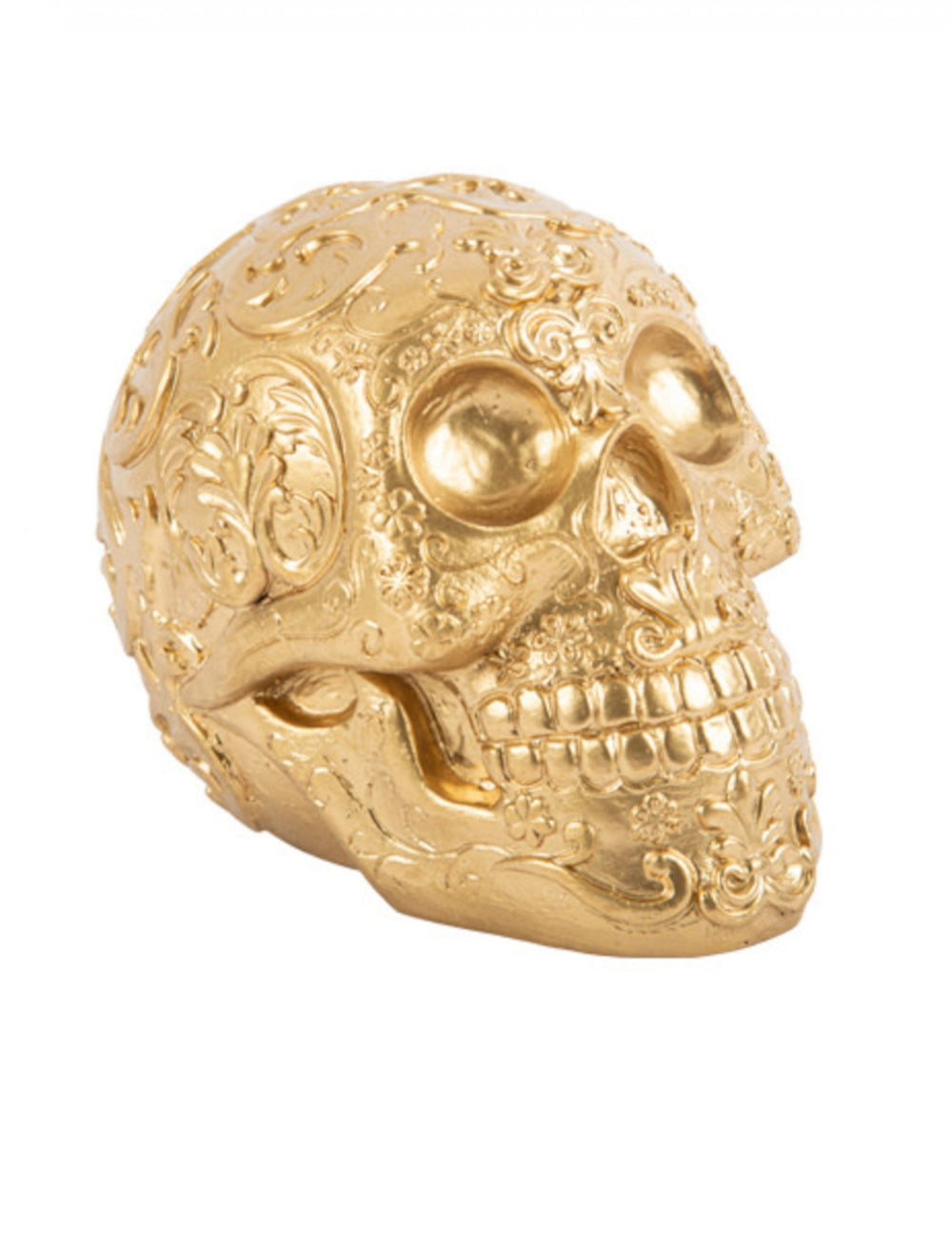 Tête de mort Calaveras pour Halloween dorée avec motifs en relief