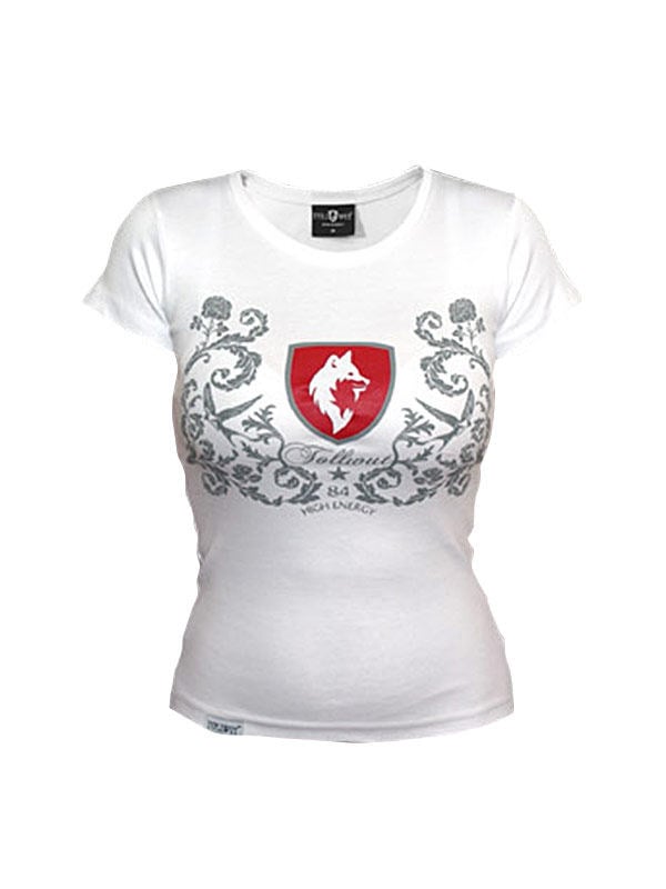 T-shirt Tollwut Faith pour femme blanc avec motif blason et loup rouge