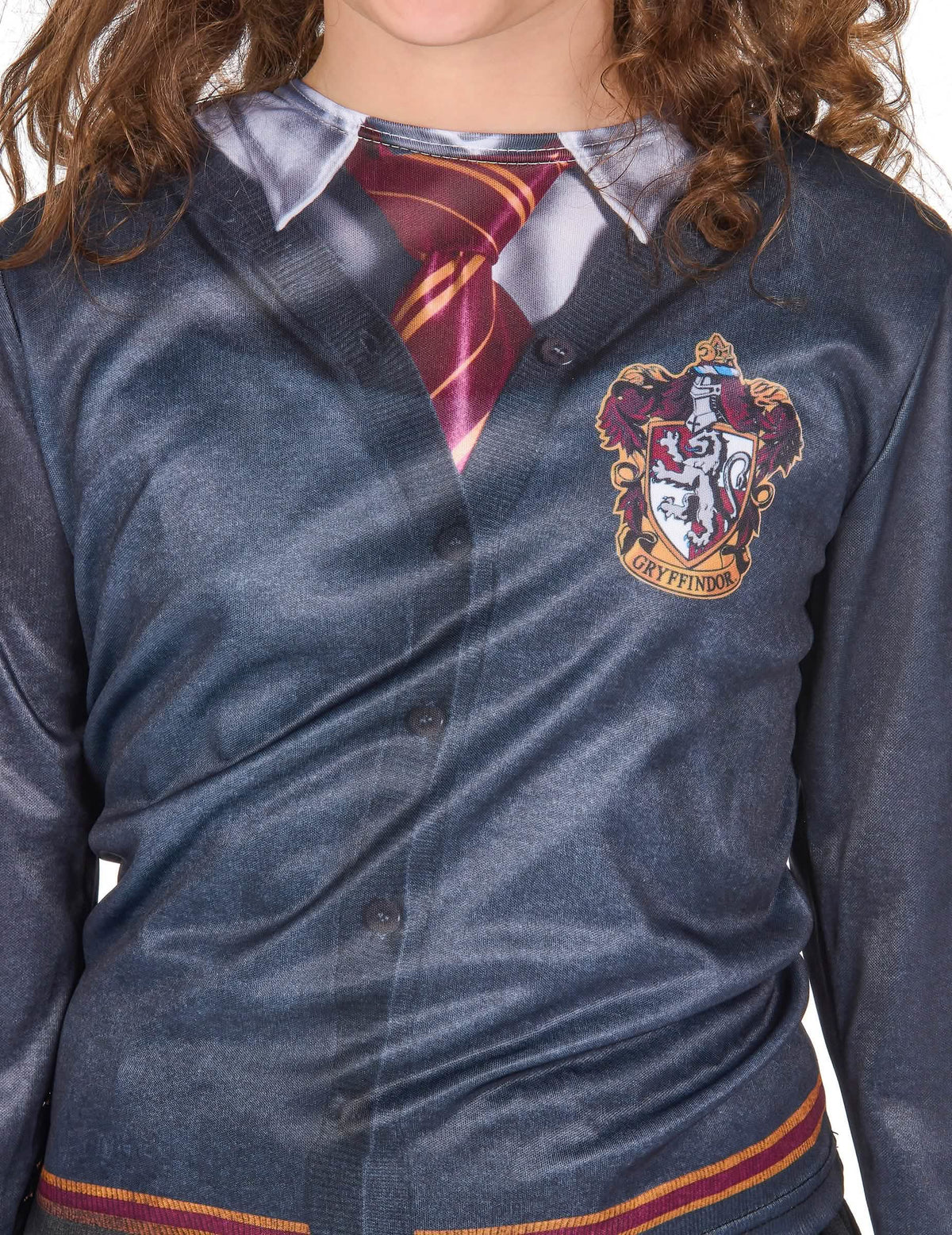 Zoom pe imprimeul cu efect de cardigan al topului cu fustă Gryffindor Harry Potter