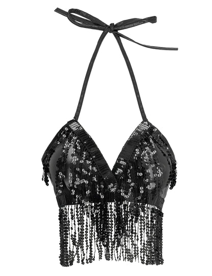 Top noir avec franges et sequins femme