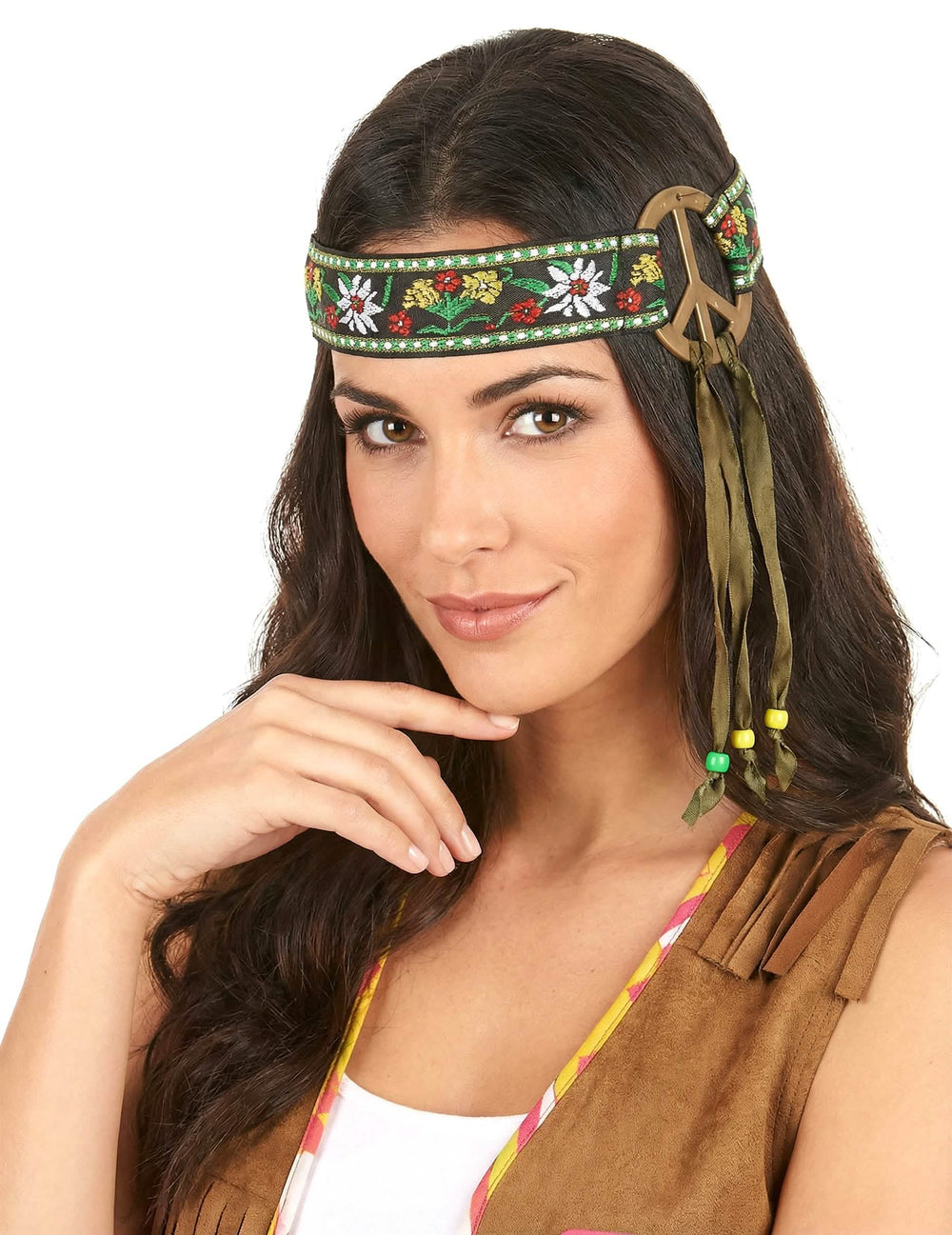 bandă de cap peace pentru adult negru cu flori, cu medalion bronz și panglici verzi