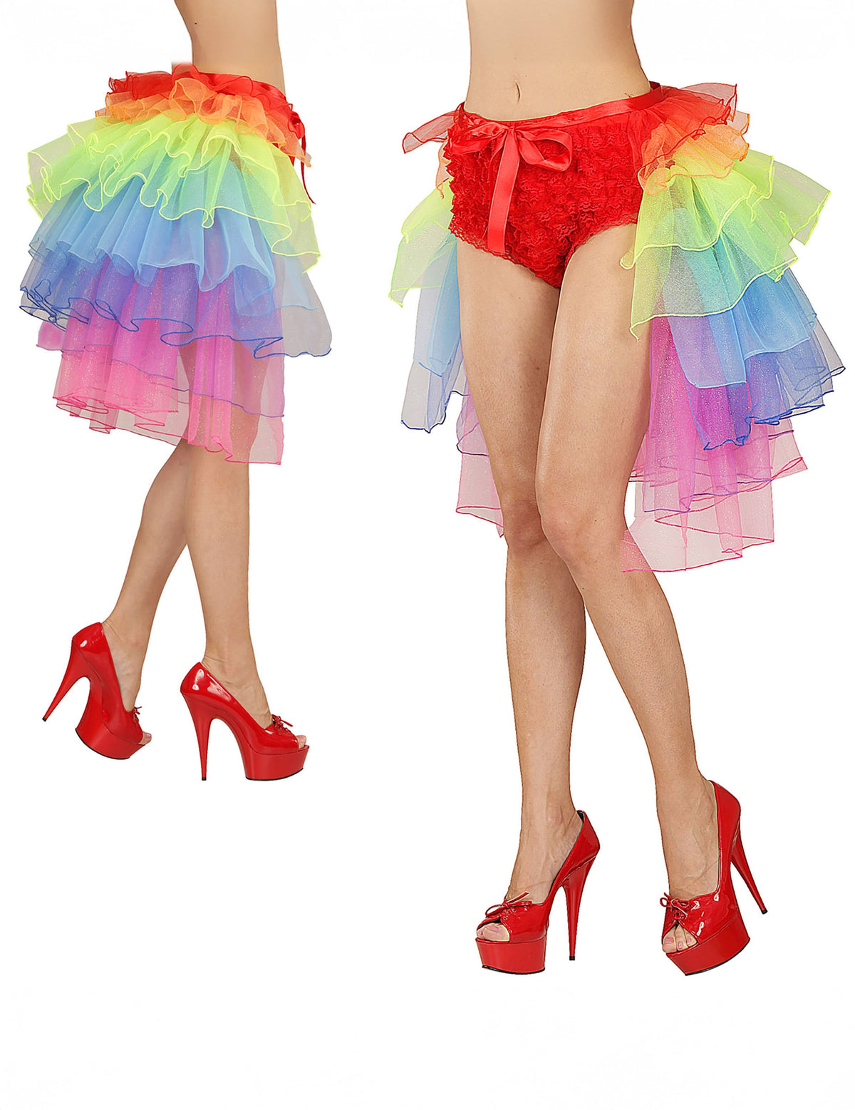 Vues de face et de profil du tutu burlesque multicolore