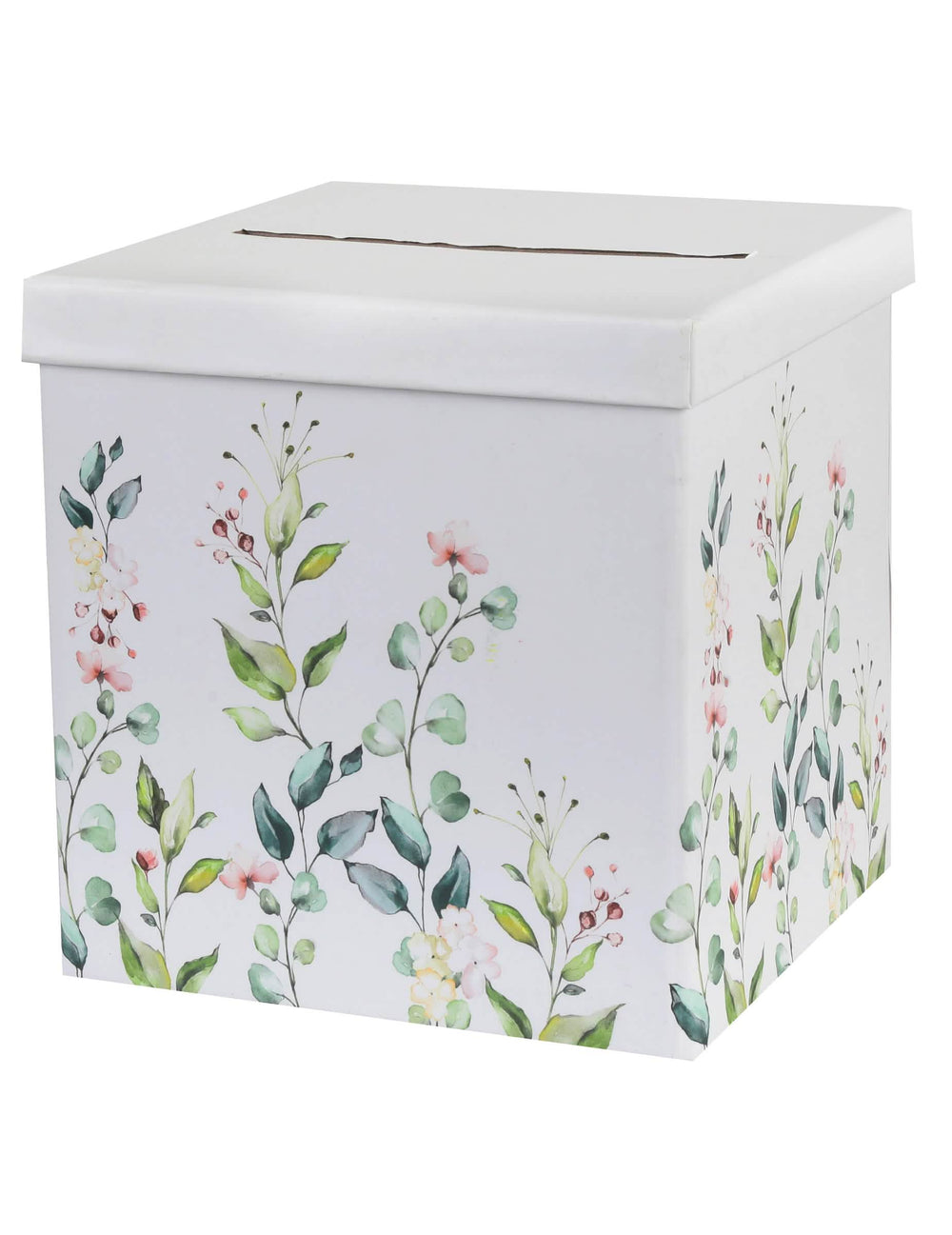 Cutie de nuntă din carton cu motiv vegetal, albă, romantică