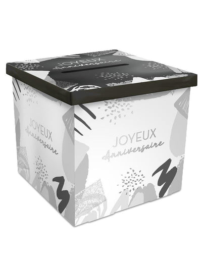 Urne en carton Joyeux anniversaire blanc et argenté