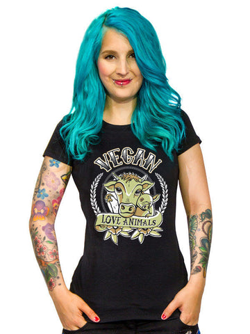 T-shirt Vegan Love Animals pour femme noir et multicolore