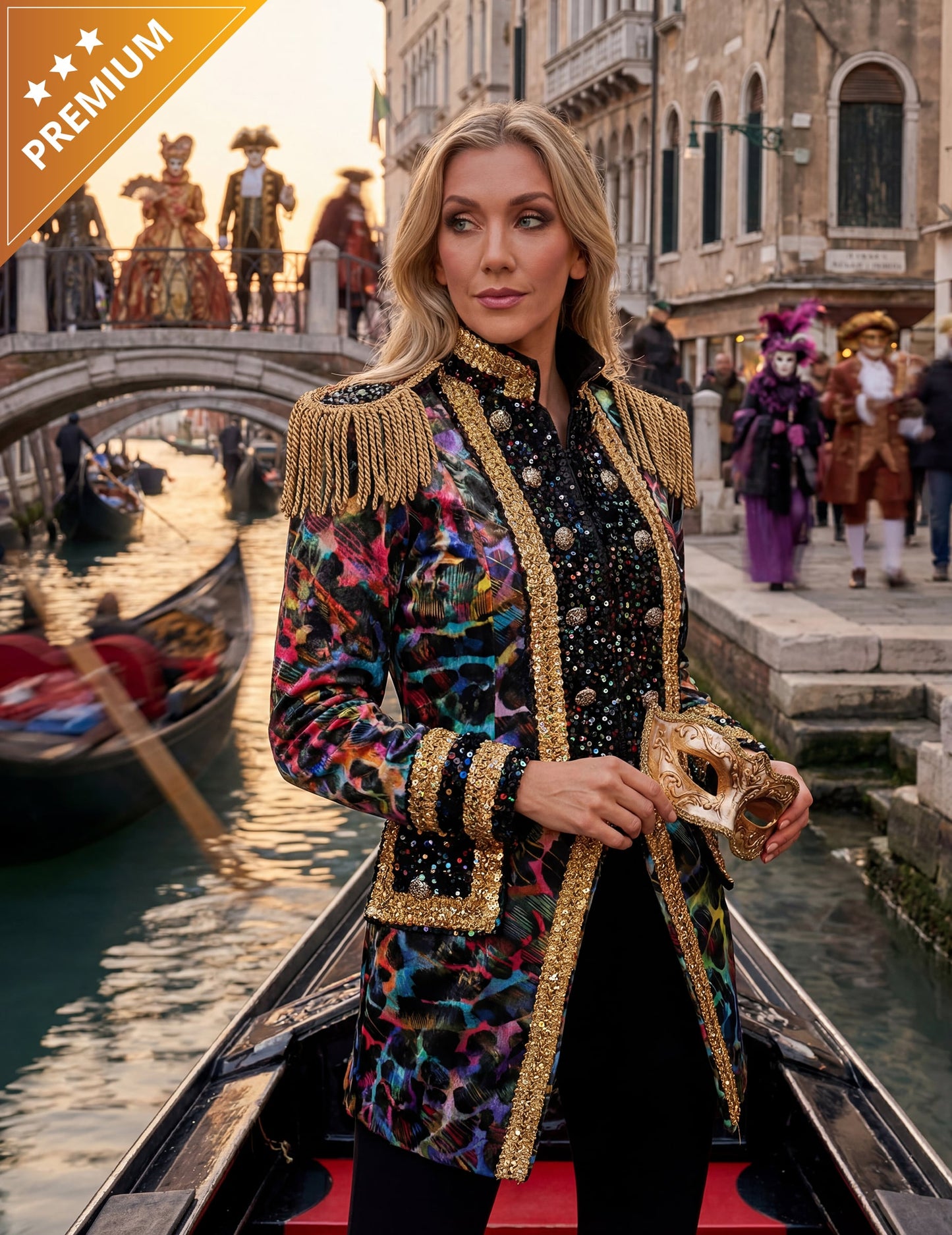 Veste de carnaval haut de gamme pour femme couleurs fluo avec dorures et épaulettes
