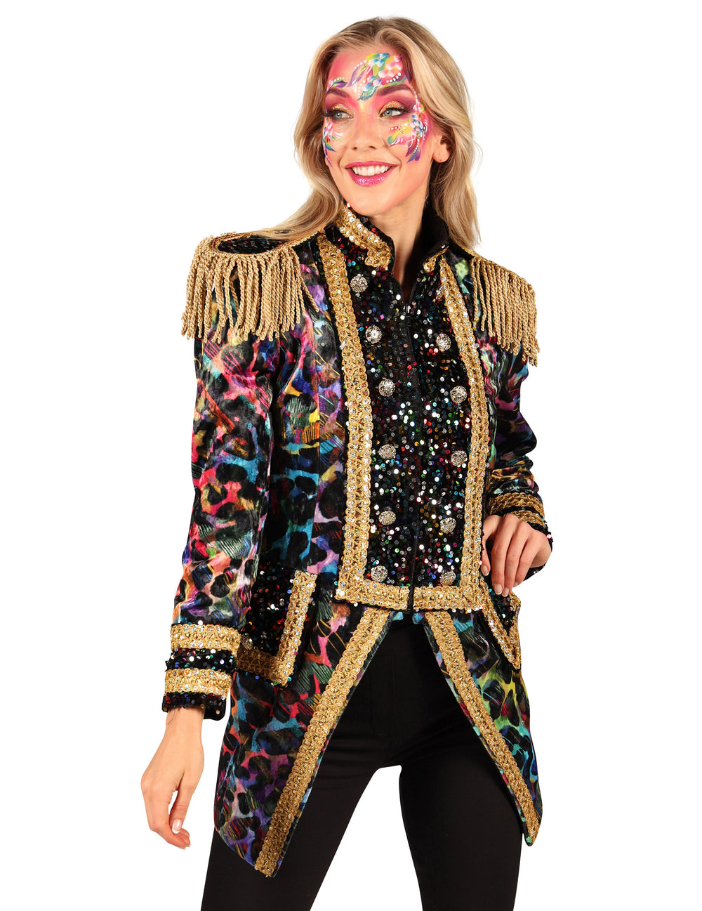 Vue de face du buste de la veste de carnaval haut de gamme pour femme couleurs fluo