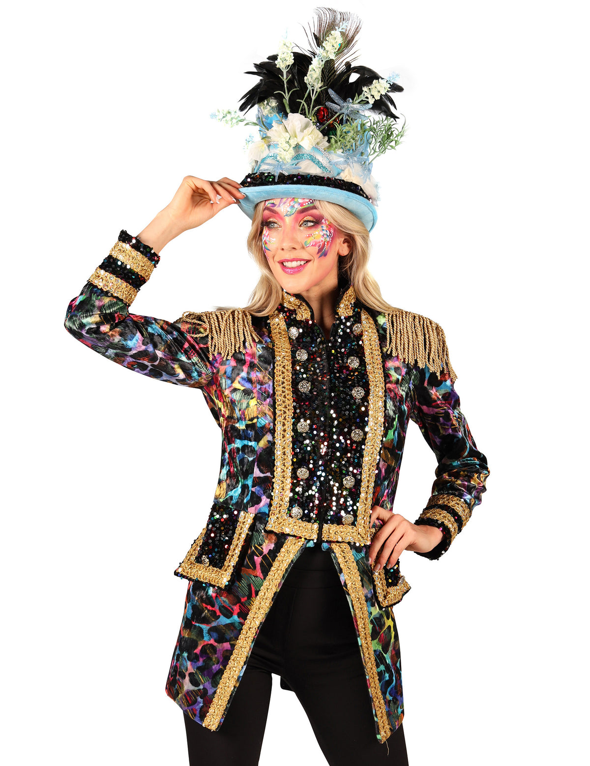 Veste de carnaval haut de gamme couleurs fluo pour femme à motifs léopard et finitions dorées