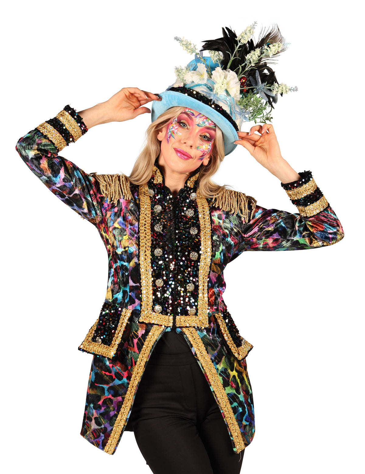 Vue de face avec accessoires de la veste de carnaval haut de gamme couleurs fluo