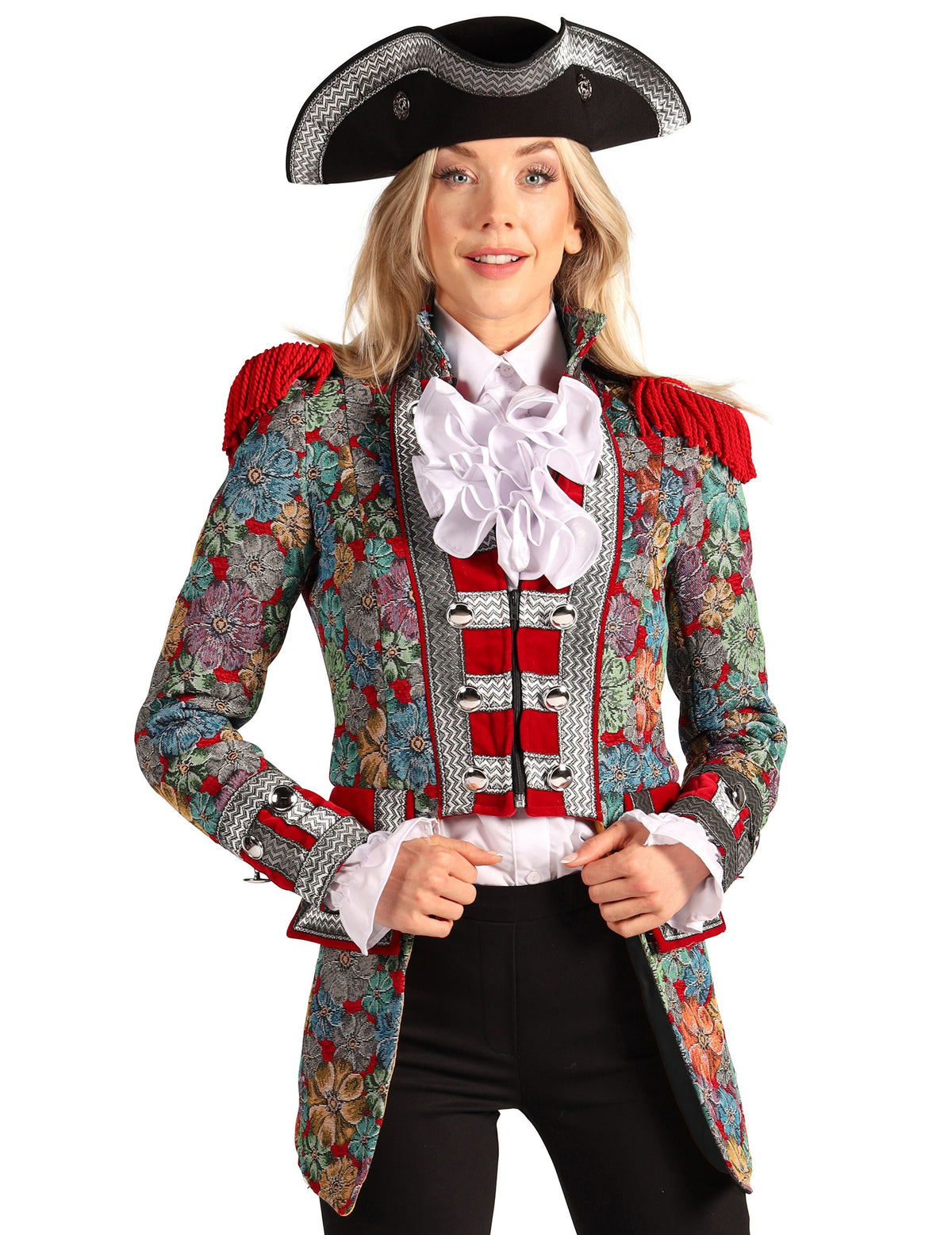 Vue de face avec chapeau tricorne de la veste de carnaval motif floral haut de gamme