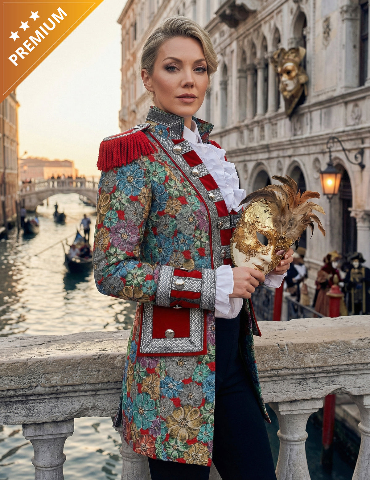 Veste de carnaval motif floral haut de gamme pour femme multicolore avec épaulettes à franges rouges