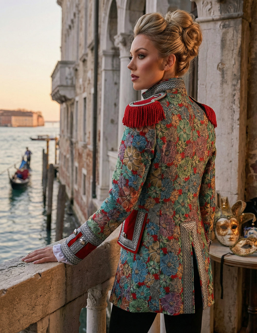 Vue de dos de trois-quarts de la veste de carnaval motif floral haut de gamme