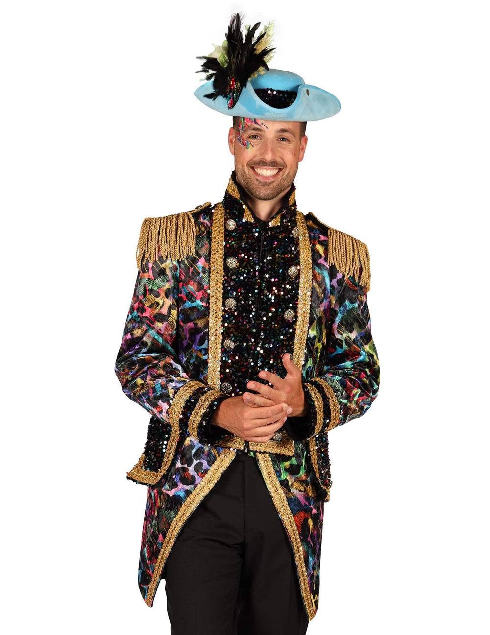 Veste de carnaval gamă înaltă pentru bărbat multicolor fluorescent cu paiete și epoleți aurii