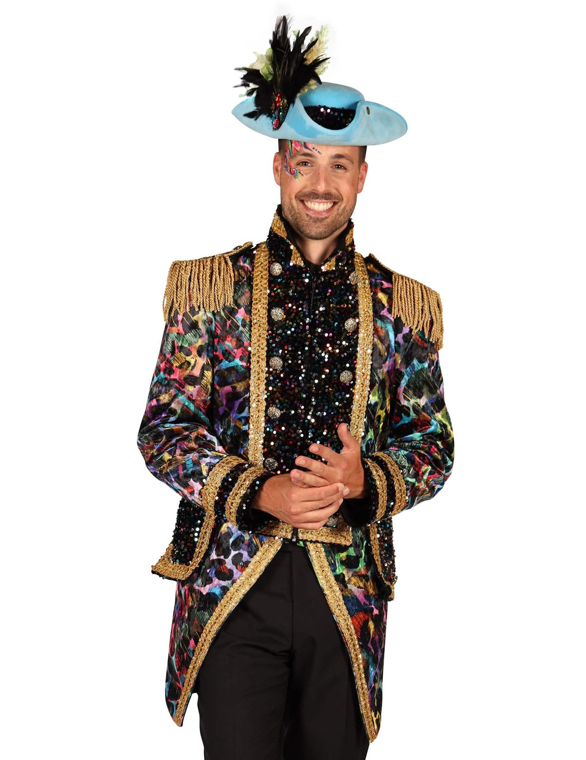 Veste de carnaval gamă înaltă pentru bărbat multicolor fluorescent cu paiete și epoleți aurii