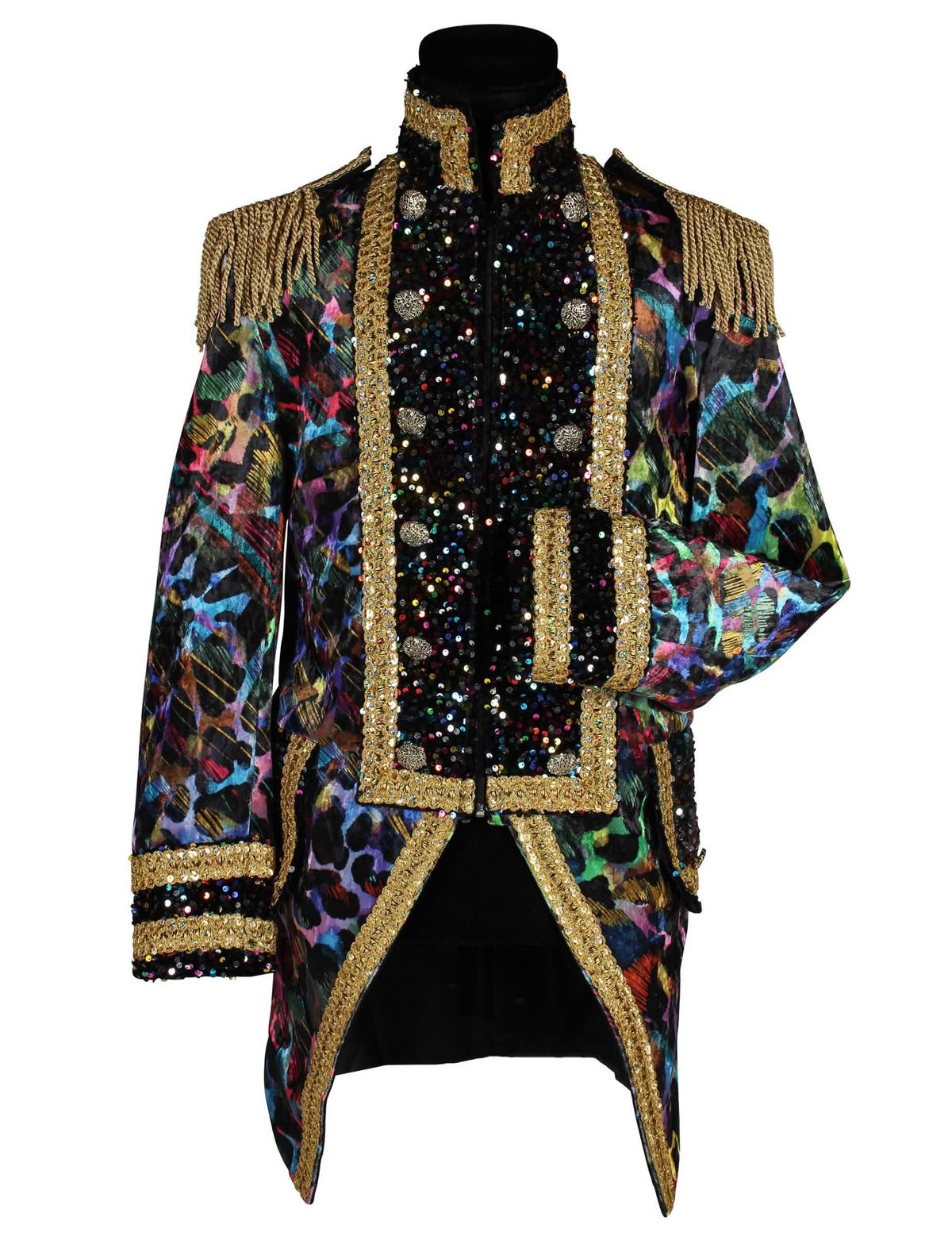 Vedere din față a jachetei de carnaval gamă înaltă pentru bărbat multicolor fluorescent
