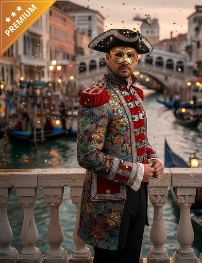 Vue avec chapeau tricorne de la veste de carnaval motif floral haut de gamme