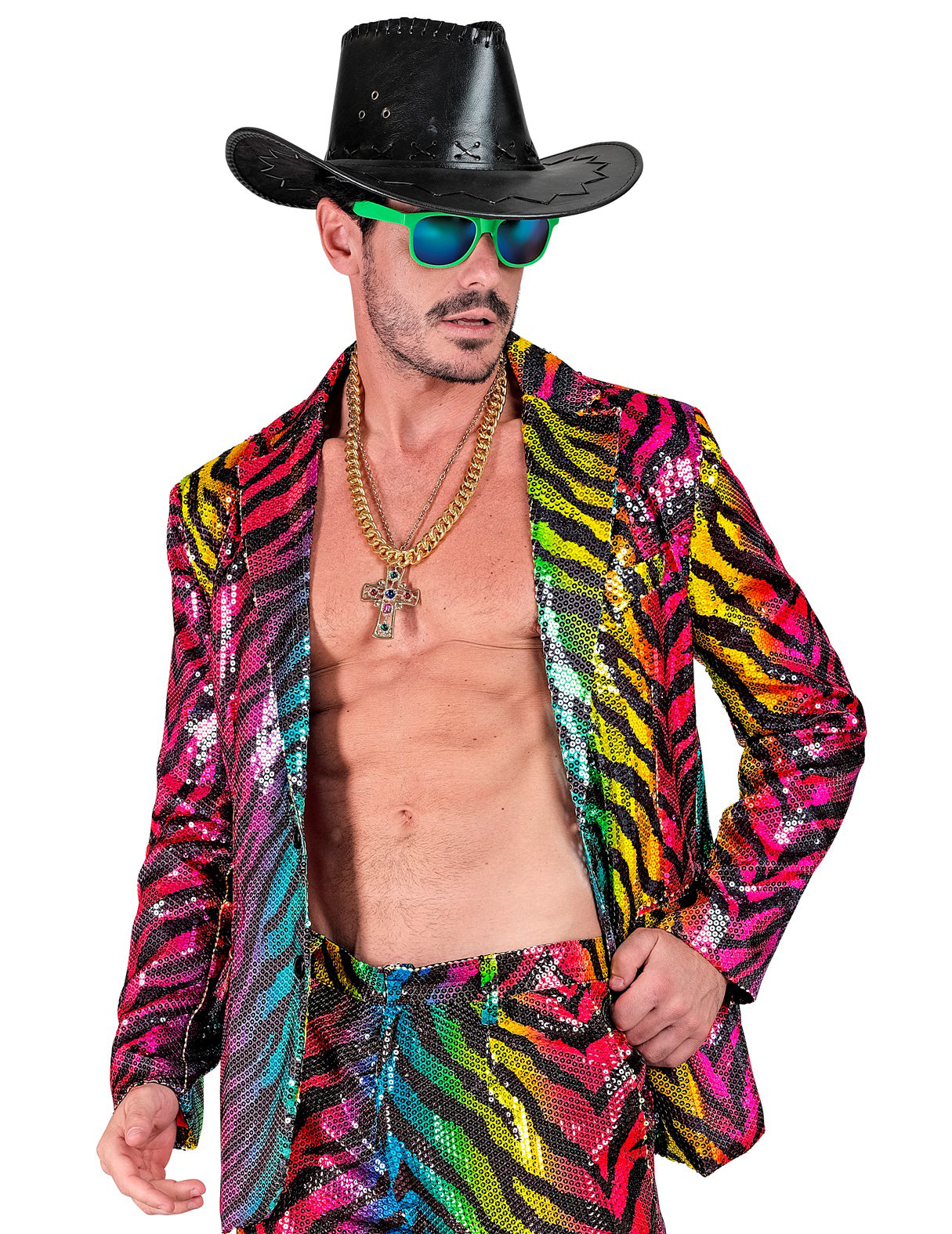 Gros plan sur le buste de la veste de costume à sequins tigrée arc en ciel