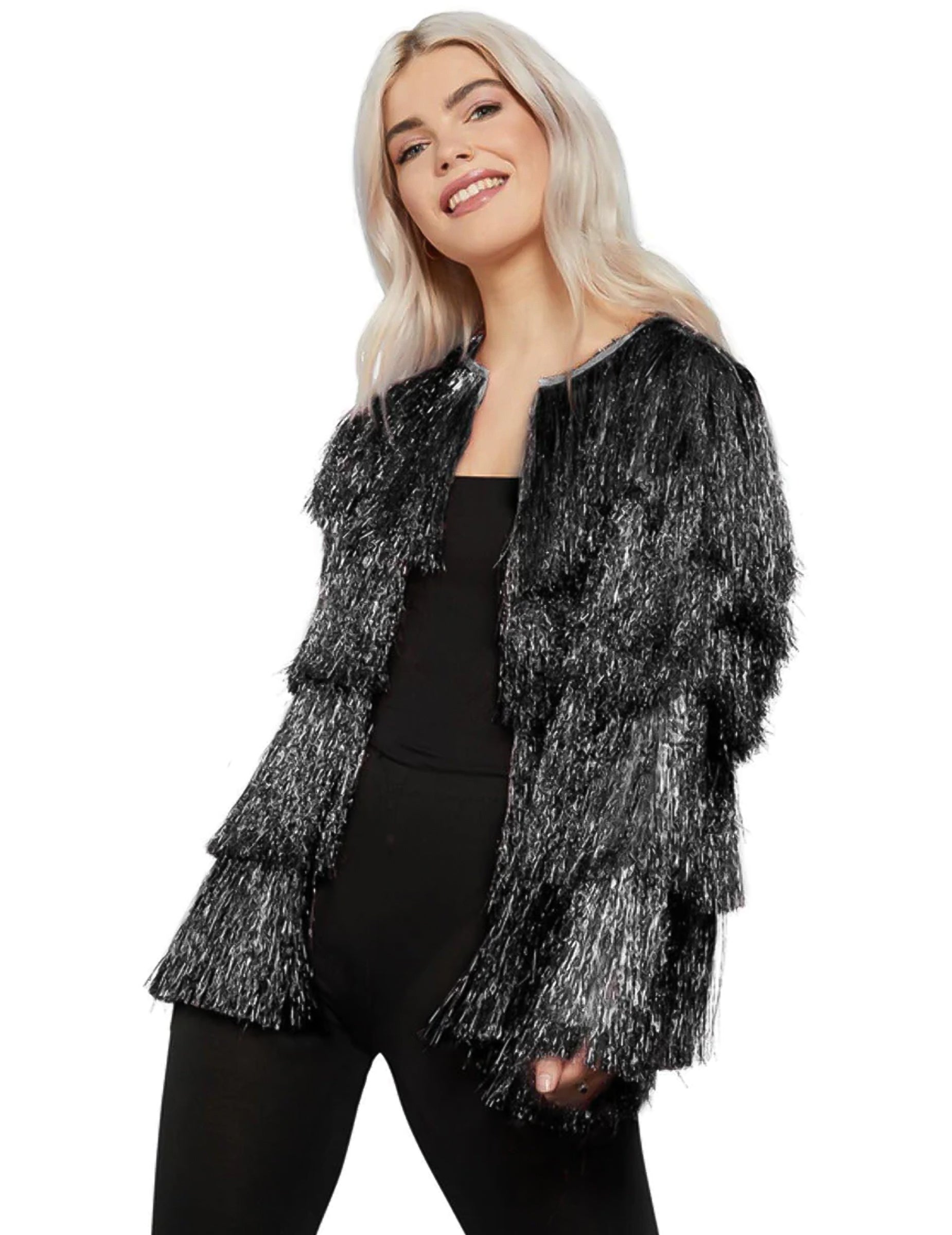 Veste de festival à franges pour femme noire scintillante