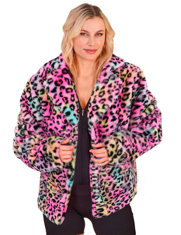Jachetă din pluș leopard multicolor pentru femei 