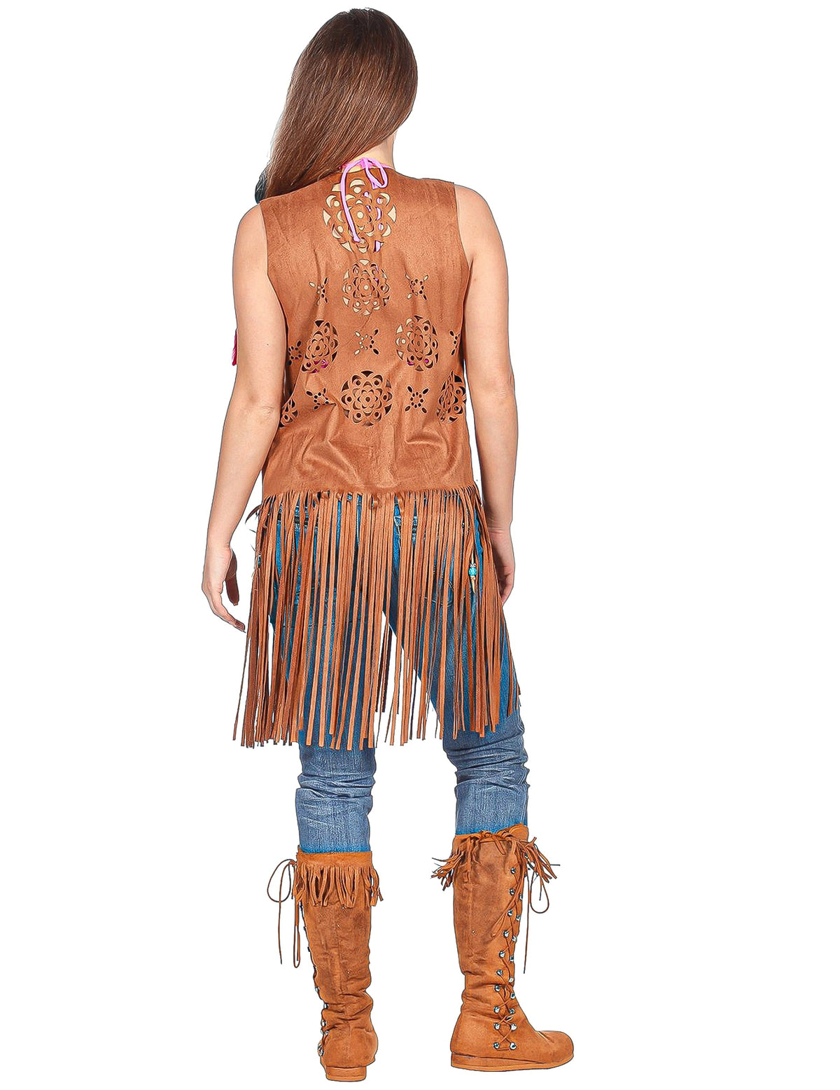 Jachetă lungă cu franjuri maro hippie pentru femei