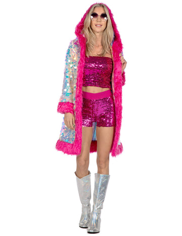 Jachetă lungă de lux pentru femei cu paiete holografice