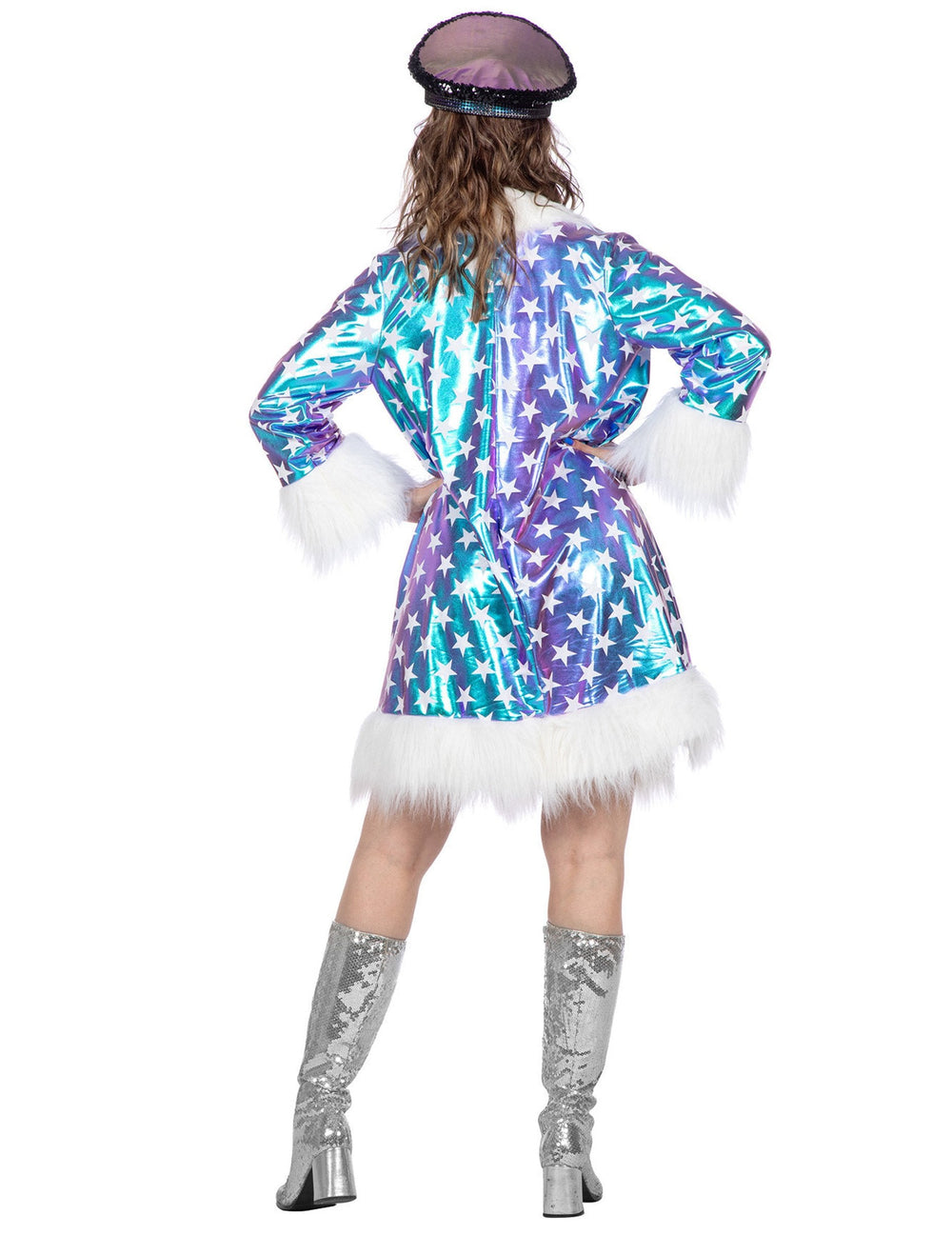 Veste longue étoilée luxe pour femme bleue avec fourrure blanche vue de dos