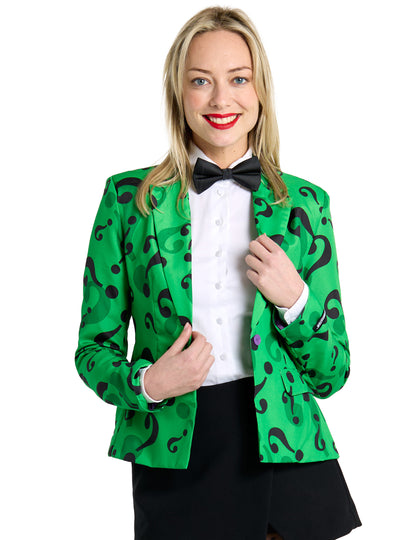 Veste Mrs. Riddler Suitmeister pour femme verte à motifs points d'interrogation noirs