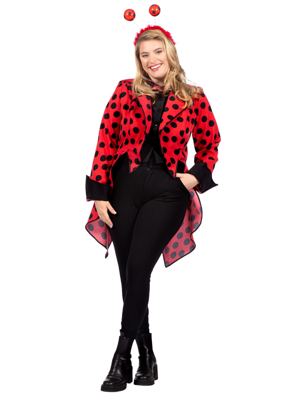 Veste queue de pie coccinelle pour femme rouge à pois noirs avec serre-tête
