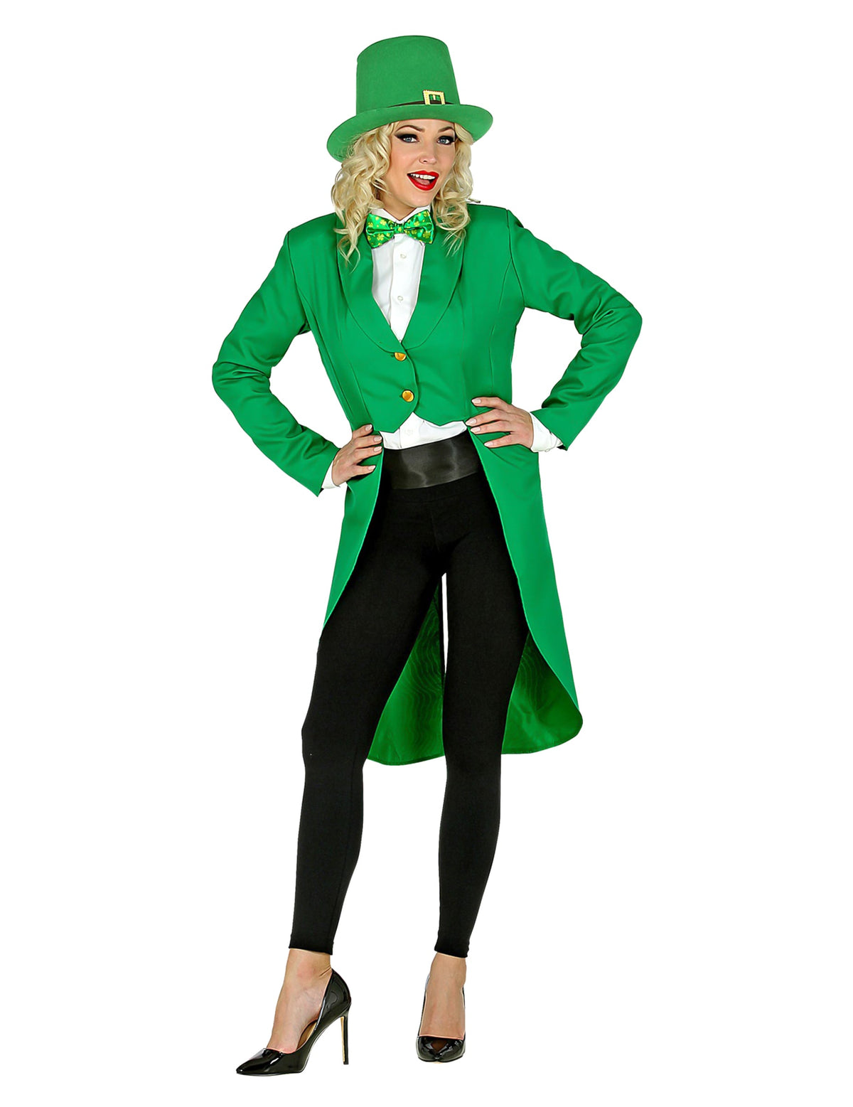 Veste queue de pie St Patrick pour femme verte avec chapeau et nœud papillon