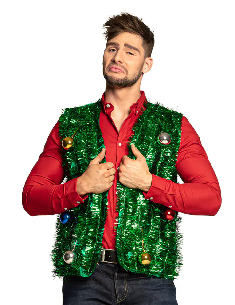 Veste sapin de Noël avec boules pour adulte verte