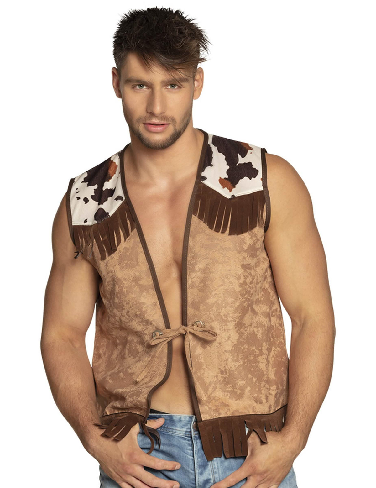 Veste western pour homme marron clair avec motifs vache et franges