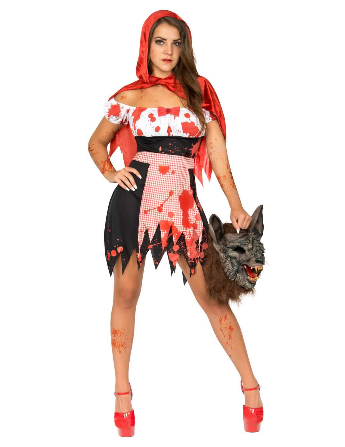Costum de scufița roșie zombi pentru femeie roșu și negru plin de sânge