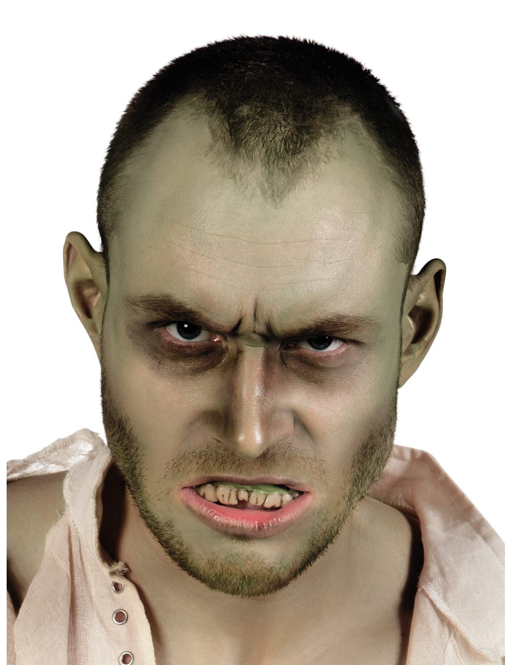 Détail des gencives vertes du dentier zombie pour adulte Halloween